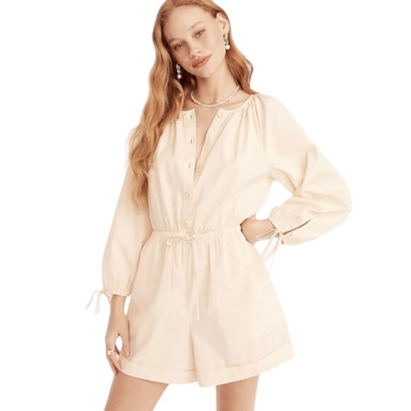 J. Crew Women's Cotton Poplin Puff Sleeve Button Front Jumpsuit M Palest Peach - Picture 13 of 13